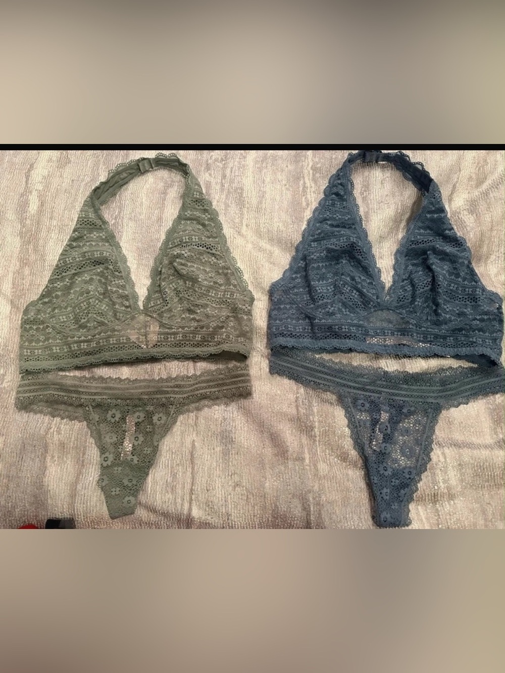 Victoria's Secret Lace Halter Bralette & Thong Duo - sage Green and Slate Blue